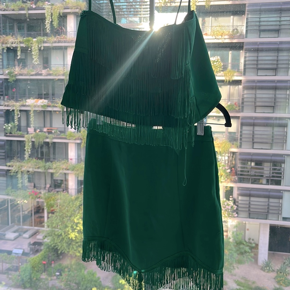 Green Fringe Top & Skirt Set